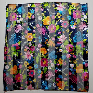 Vintage SPACE AGE Women's Scarf BLACK FLORAL Luxury Satin SQUARE 21"